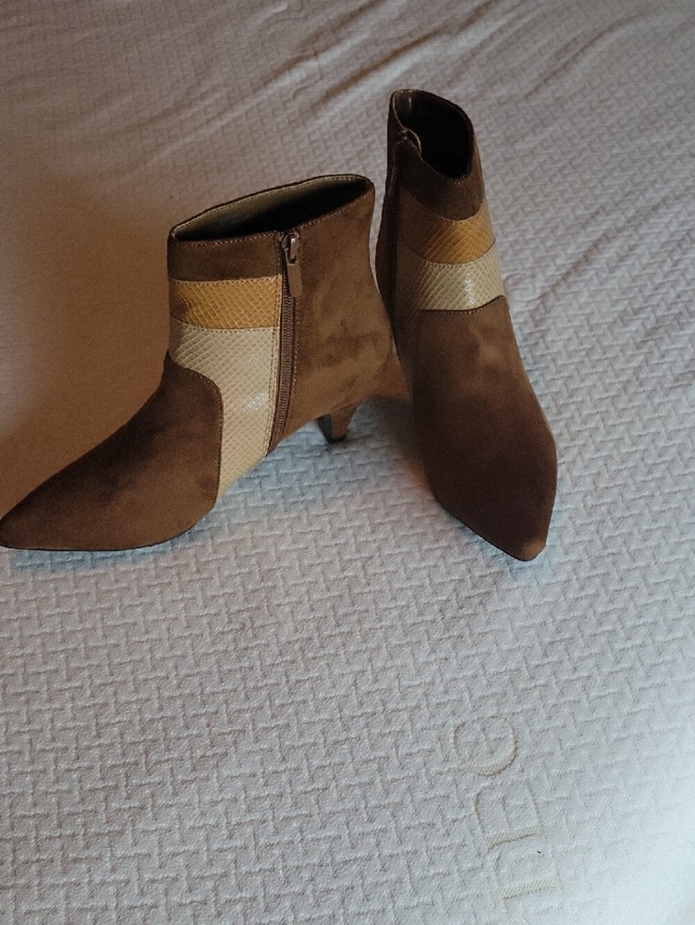 New Without Box.  Impo Brown Ankle Booties with Cream & Tan Panels